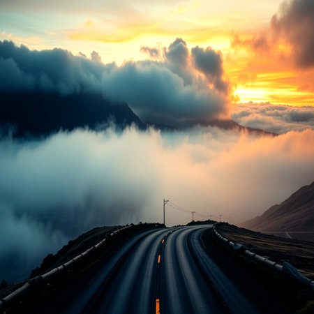 Road in the mountains at sunset with clouds and fog. Landscape.の写真素材