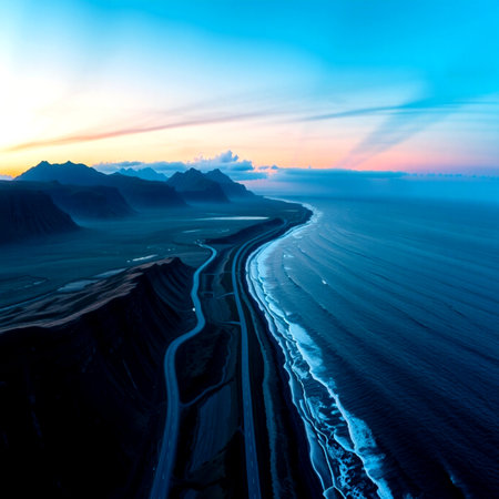 Aerial view of Atlantic ocean coastline at sunrise. Beautiful landscape of Iceland