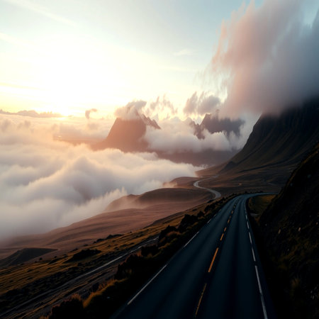 Mountain road through the clouds at sunset. Beautiful summer landscape.の写真素材