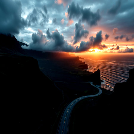 Dramatic sunset over the Atlantic Ocean, Iceland, Europe.
