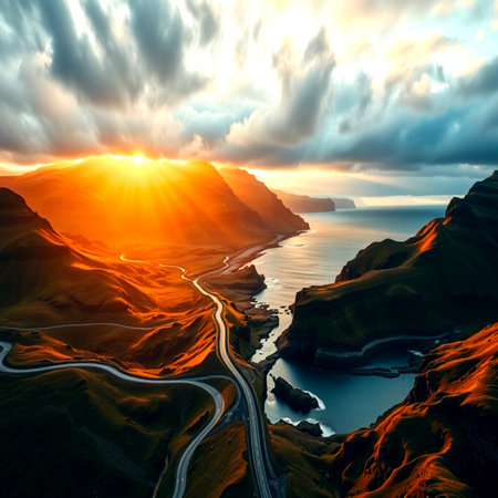 Beautiful seascape at sunset. Aerial view of the road in Iceland