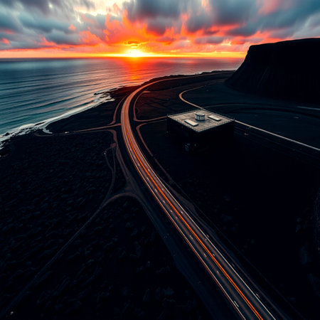 Aerial view of the road on the black sand beach in Iceland at sunset
