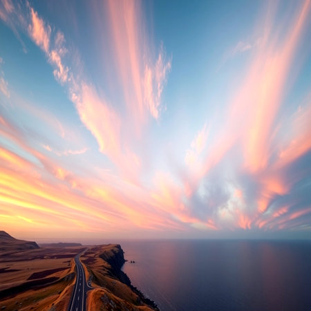 Beautiful sunset over the sea. Panoramic aerial view.