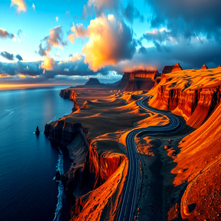 Road on the sea at sunset.