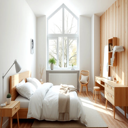 interior of modern bedroom with white walls and wooden floor, 3d renderの写真素材