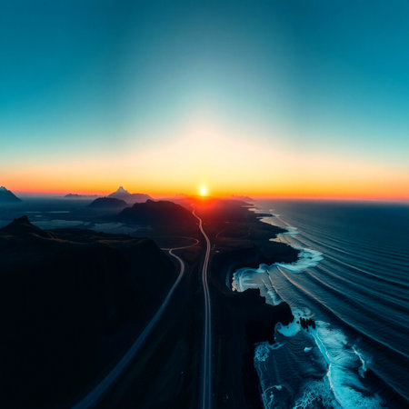 Aerial view of a beautiful sunset over the Atlantic Ocean in Iceland