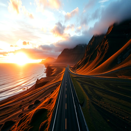Fantastic sunset over the sea and the road. 3d renderingの写真素材