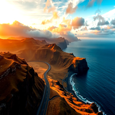 Beautiful seascape with road on sunset. Aerial view.の写真素材