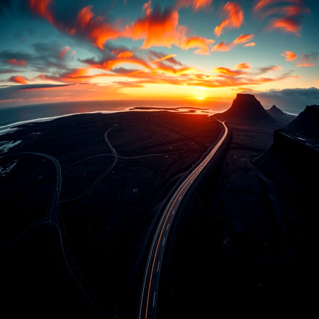 Aerial view of road in Iceland at sunset. Beautiful landscape.