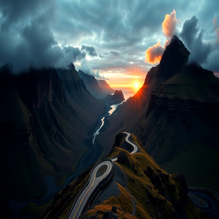 Landscape with serpentine road and beautiful sunset. 3d rendering