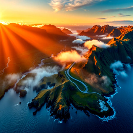 Mountain landscape at sunset. Aerial view of the lake and mountains.