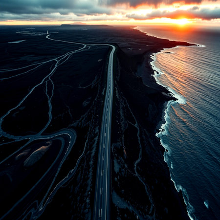 Aerial view of the road in Iceland. Sunset over the sea.の写真素材