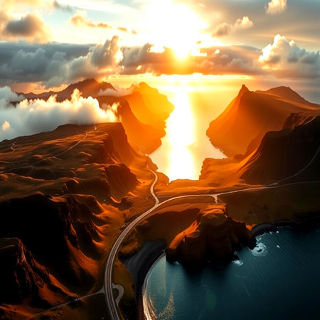 Aerial view of a beautiful sunset over the lake.の写真素材