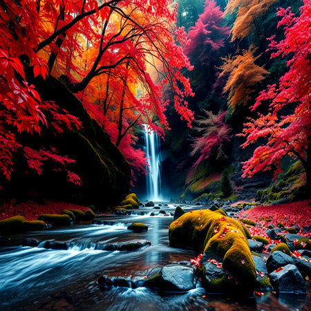 Autumn landscape with colorful forest and waterfall in Japan. Nature background