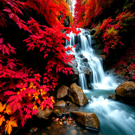 Beautiful waterfall in autumn forest with red maple leaf and stone.