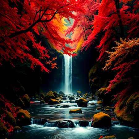 Autumn landscape with waterfall and red maple leafs in the forest