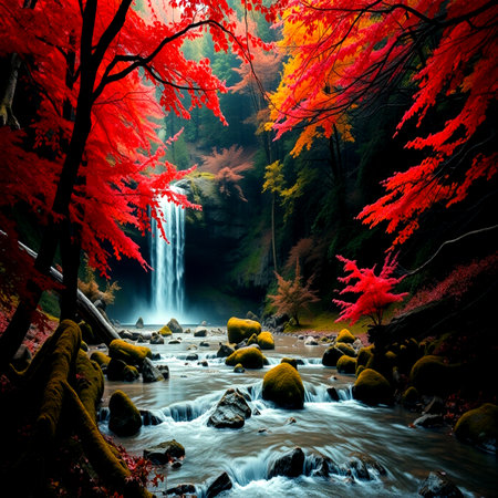 Autumn leaves and waterfall in the forest,3d illustration.の写真素材
