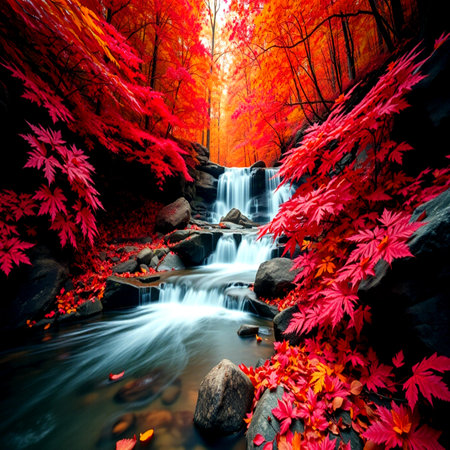 Autumn forest waterfall with red and yellow leaves in the forest.
