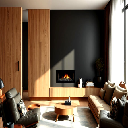 Interior of modern living room with fireplace. 3d render.
