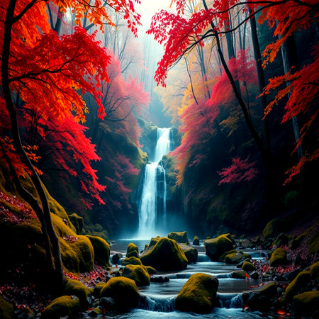 Waterfall in autumn forest. Colorful leaves on the rocks.