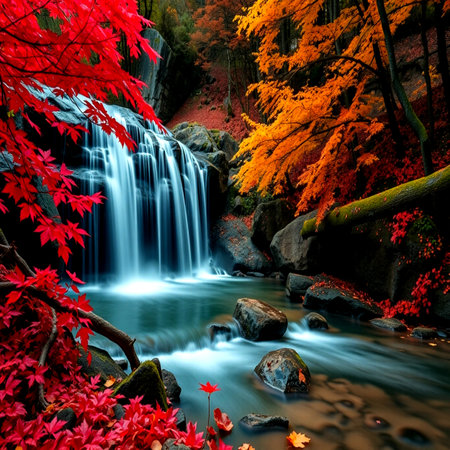 Autumn waterfall in the forest with red maple leaves, Japan.