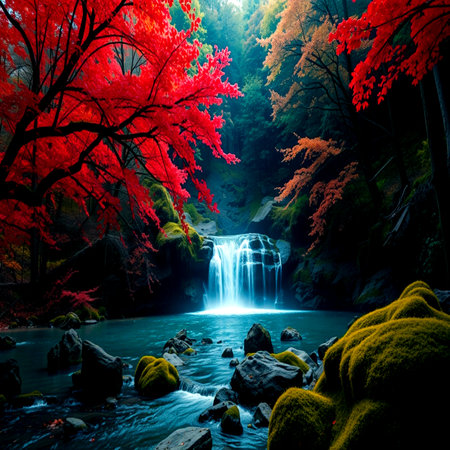 Autumn leaves and waterfall in japanese garden with copy space