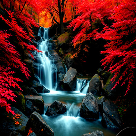 Autumn forest and waterfall with red maple leaf background. Nature composition.の写真素材