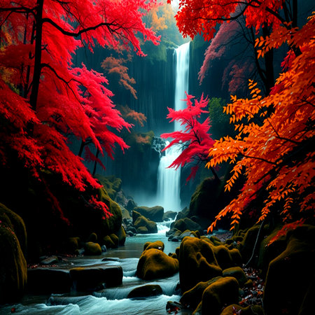 Autumn waterfall in the forest,colorful autumn nature background.の写真素材