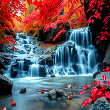 Autumn waterfall with red maple leaf in the forest.の写真素材