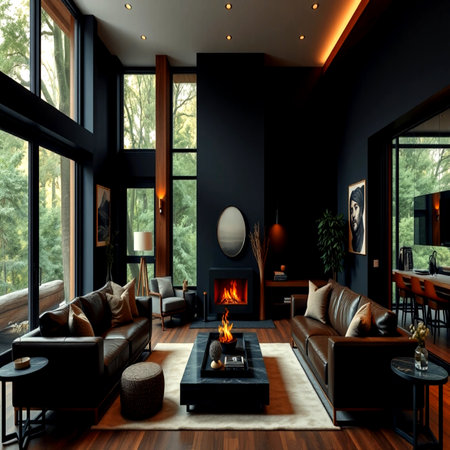 Luxury living room with black walls, wooden floor and fireplace. 3d rendering.の写真素材