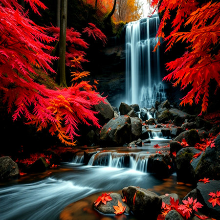 Autumn leaves and waterfall in the forest, Colorful autumn backgroundの写真素材