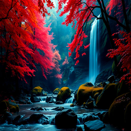 Waterfall in autumn forest with red maple leaves. 3d renderingの写真素材