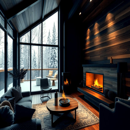 Luxury living room with fireplace and panoramic window overlooking the forest. 3D renderingの写真素材