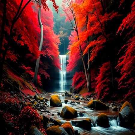 Waterfall in the forest. Autumn season. Colorful forest.の写真素材