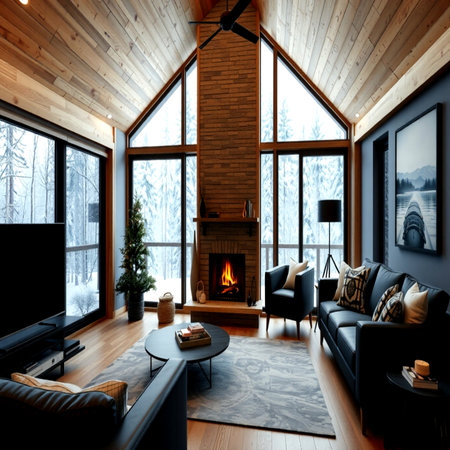 interior of modern house, living room with fireplace and wooden wallの写真素材
