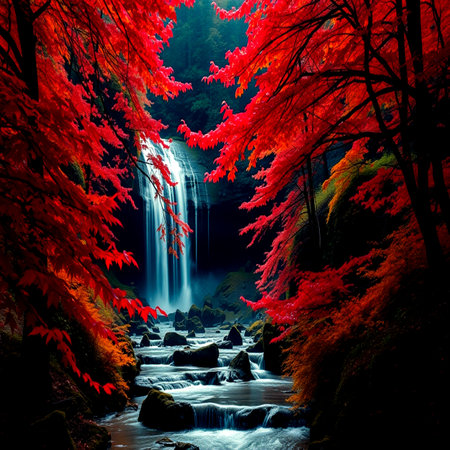 Autumn forest with waterfall and falling red leaves. Nature background.の写真素材