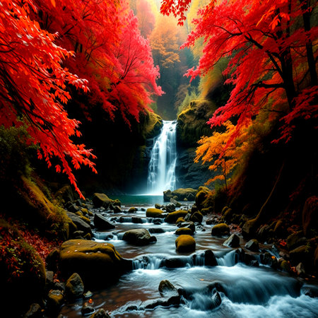 Waterfall in autumn forest,colorful trees in autumn season.の写真素材