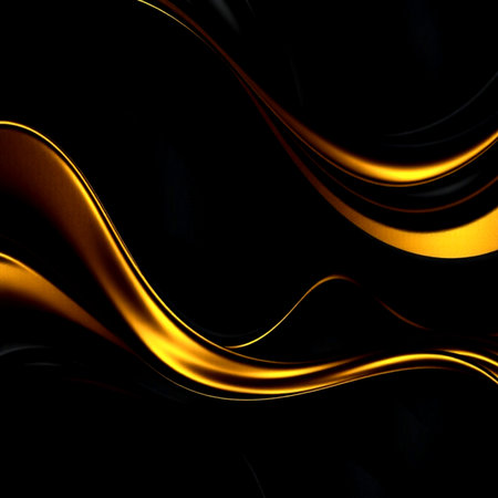 Golden abstract wavy lines on black background. 3d render illustrationの写真素材