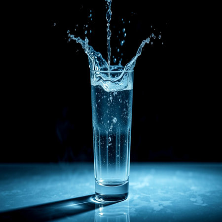 glass of water with splashes on a black background, studio shot