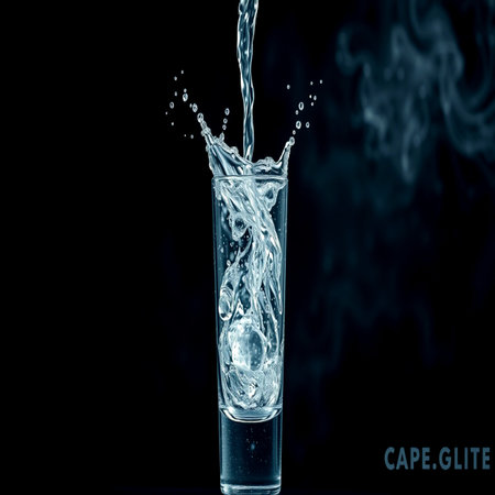 Water splashing into a glass with ice cubes on a black background
