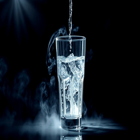 Pouring water into a glass on a black background with smoke.