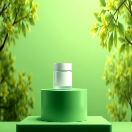 Cosmetic cream bottle on green podium. 3d render illustration.の写真素材