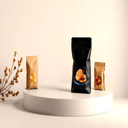 3d render of black and gold food package on white podium background
