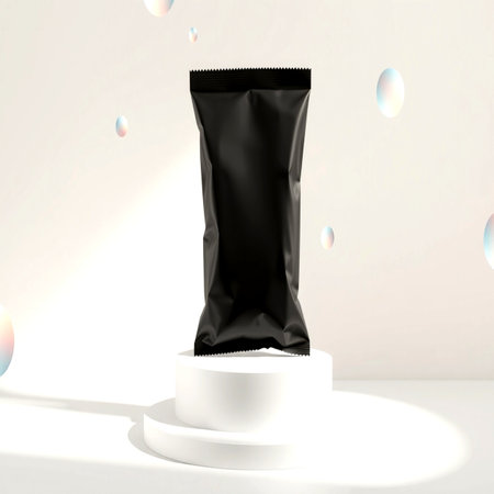 3d rendering of a blank black package on a white pedestalの写真素材