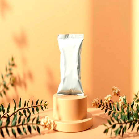 3d rendering of cosmetic packaging design mockup on podium with tropical leaves.の写真素材