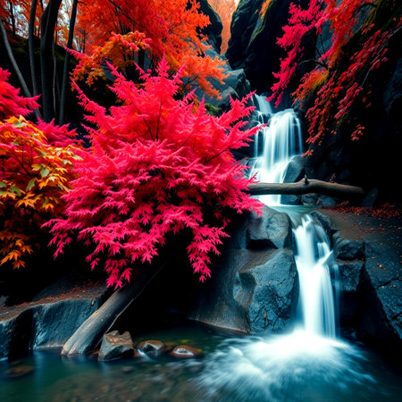 Beautiful autumn landscape with waterfall and colorful forest.の写真素材