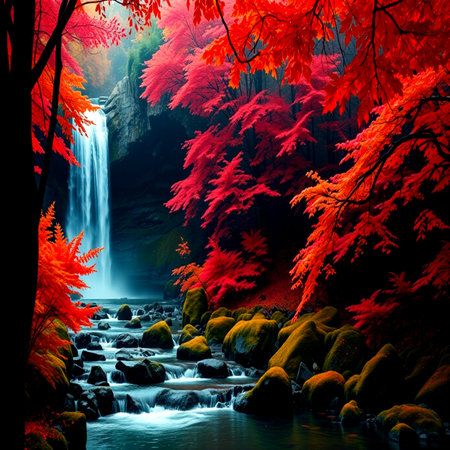 Waterfall in autumn forest with red leaves. Nature landscape background.の写真素材