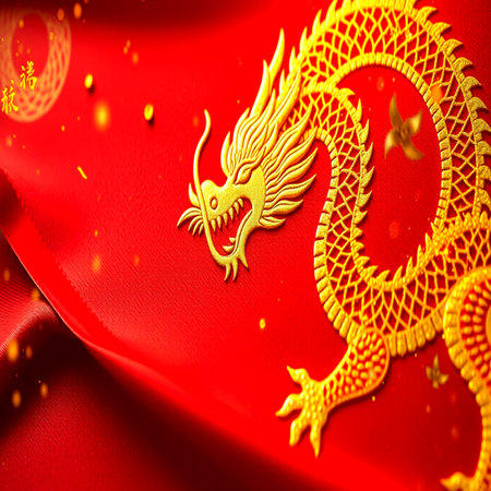 Golden dragon on red satin cloth, chinese new year backgroundの写真素材