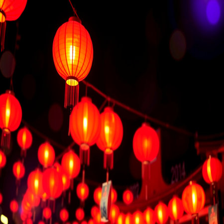 Red Chinese lanterns in the night city. Chinese New Year concept.の写真素材