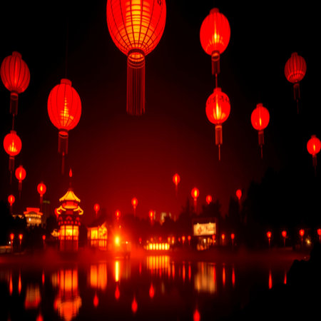 Chinese lanterns in the night on the lake with reflection in the waterの写真素材